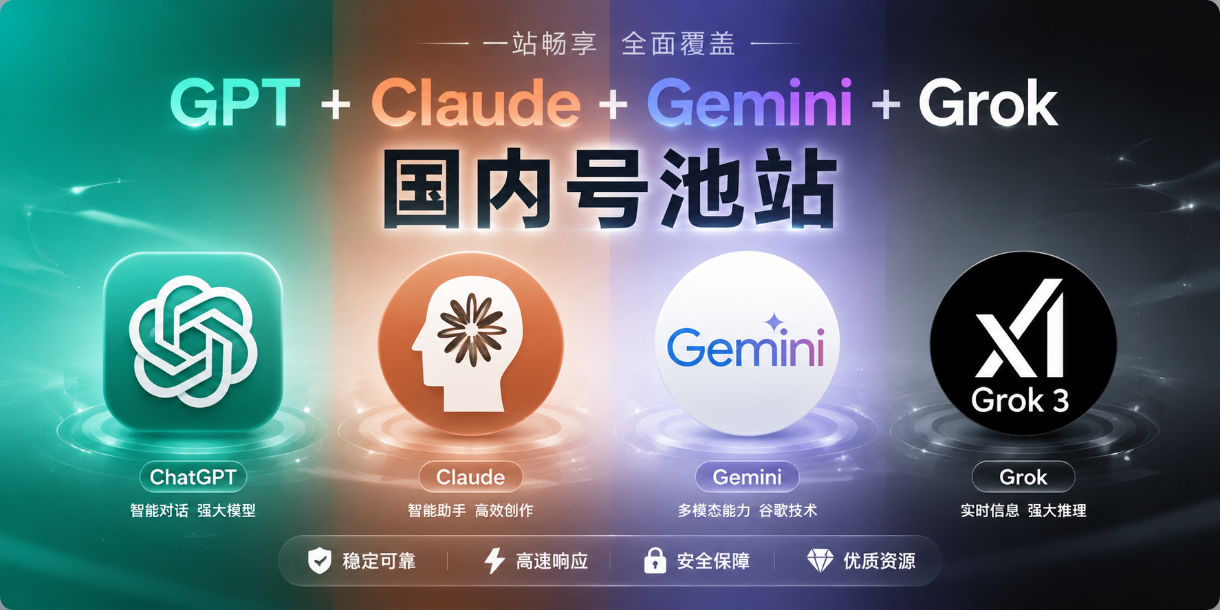 号池站 GPT + Claude + Gemini + Grok 四合一 月会员兑换码【质保30天】